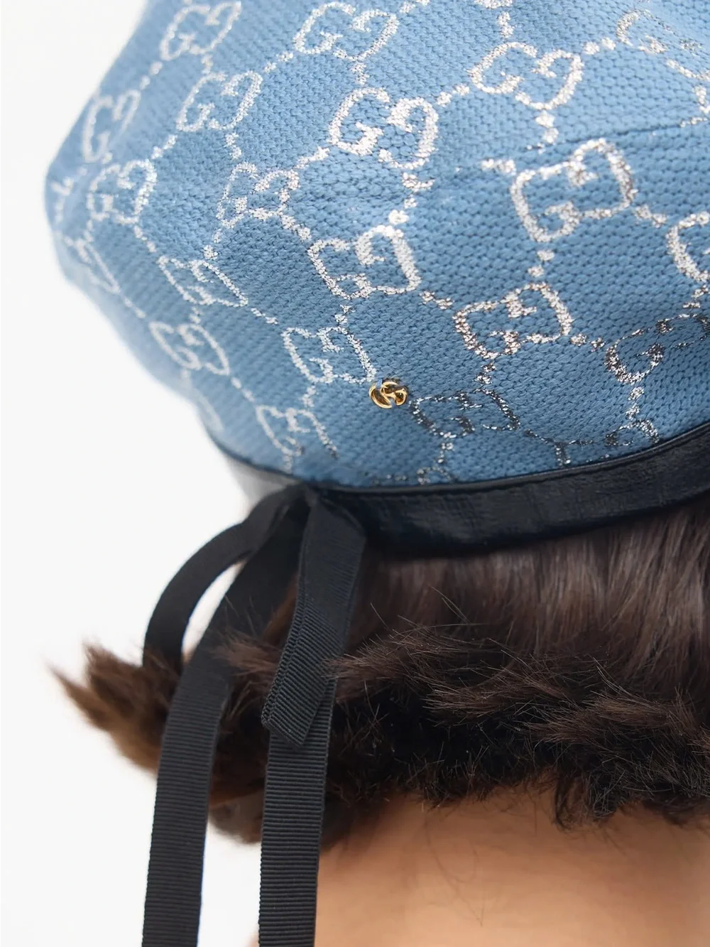Gucci Light Blue Monogram Beret with Black Bow Trim